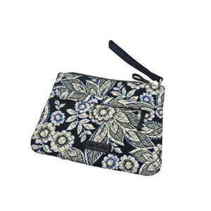 Vera Bradley Snow Lotus Floral Zip Wristlet Clutch Purse Black White Blue Gray